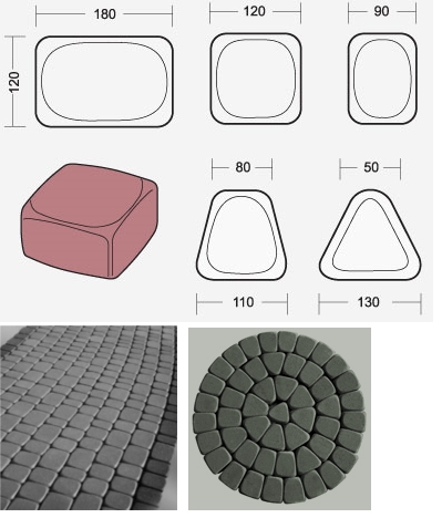 Schemat kostki brukowej w różnych kształtach i wymiarach, z przykładami ułożenia kostki w prostej linii i okręgu.